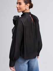 Black Corsage Long Sleeve Ruffle Blouse - Image 3 of 7