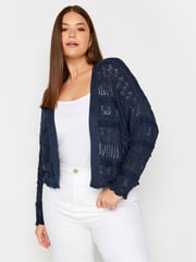 Yours Curve Blue Pure 100% Cotton Cropped Pointelle Cardigan - Image 1 of 5