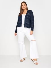 Yours Curve Blue Pure 100% Cotton Cropped Pointelle Cardigan - Image 2 of 5