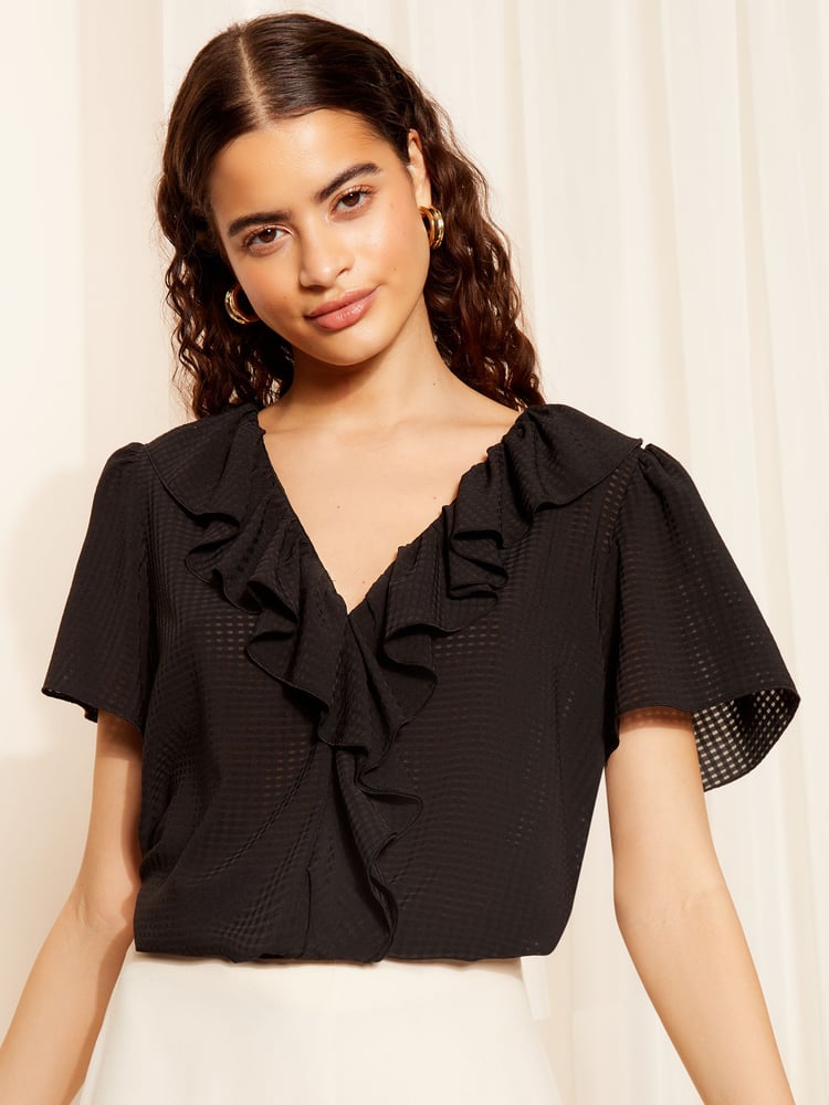 Friends Like These Seersucker Black Ruffle Front Puff Sleeve Blouse - Image 1 of 4 Friends Like These Seersucker Black Ruffle Front Puff Sleeve Blouse - Image 1 of 4
