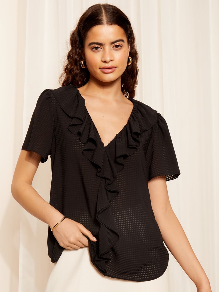Friends Like These Seersucker Black Ruffle Front Puff Sleeve Blouse - Image 2 of 4 Friends Like These Seersucker Black Ruffle Front Puff Sleeve Blouse - Image 2 of 4