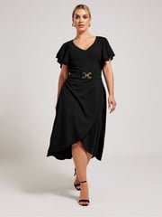 Yours Curve Black London Buckle Dipped Hem Midi Dress - Image 1 of 5