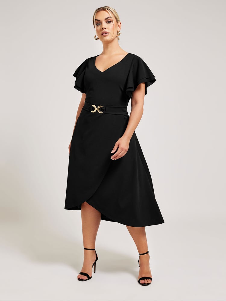 Yours Curve Black London Buckle Dipped Hem Midi Dress - Image 2 of 5