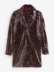 Chocolate Brown Rochelle Long Sleeve Sequin Collar Mini Dress - Image 4 of 6