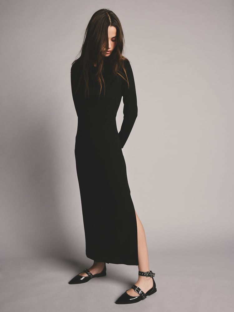 Black Long Sleeve Slinky Slash Neck Dress - Image 2 of 9
