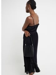 River Island Black Pleated Pearl Ruffle Midi Dress - Image 2 of 4