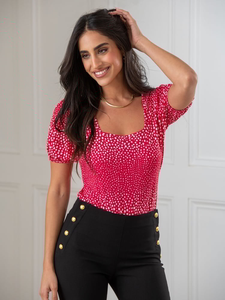 Pour Moi Red & White Birdie Square Neck Slinky Puff Sleeve Stretch Top - Image 1 of 4