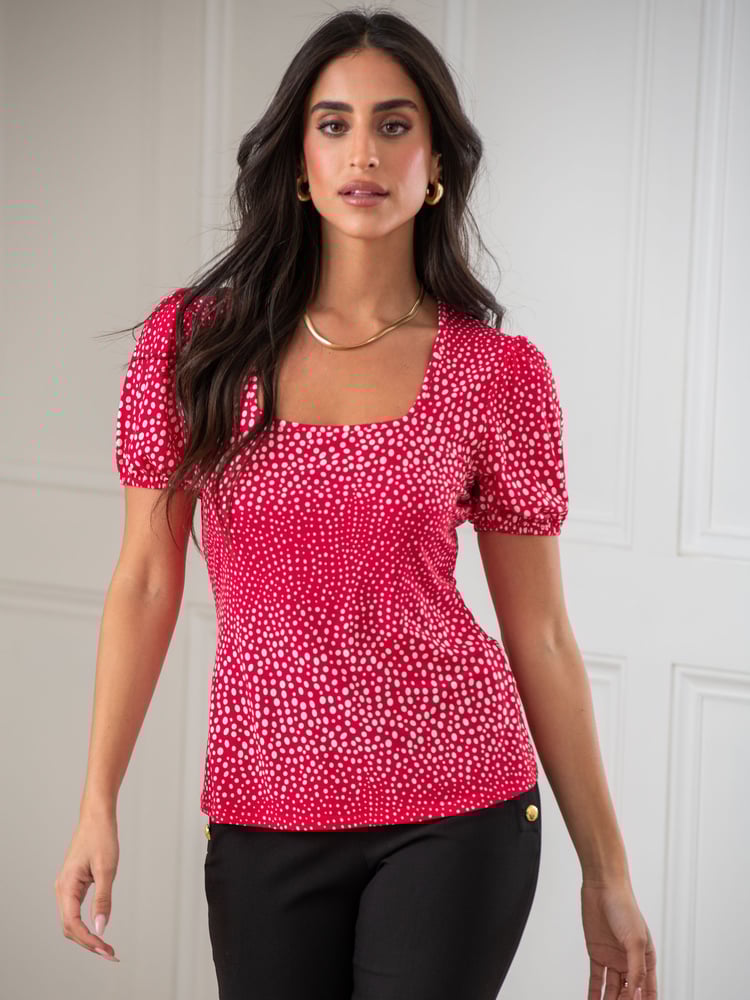Pour Moi Red & White Birdie Square Neck Slinky Puff Sleeve Stretch Top - Image 2 of 4