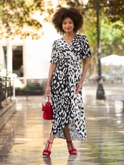 Joe Browns Black Animal Print Silky Wrap Midi Dress - Image 1 of 6