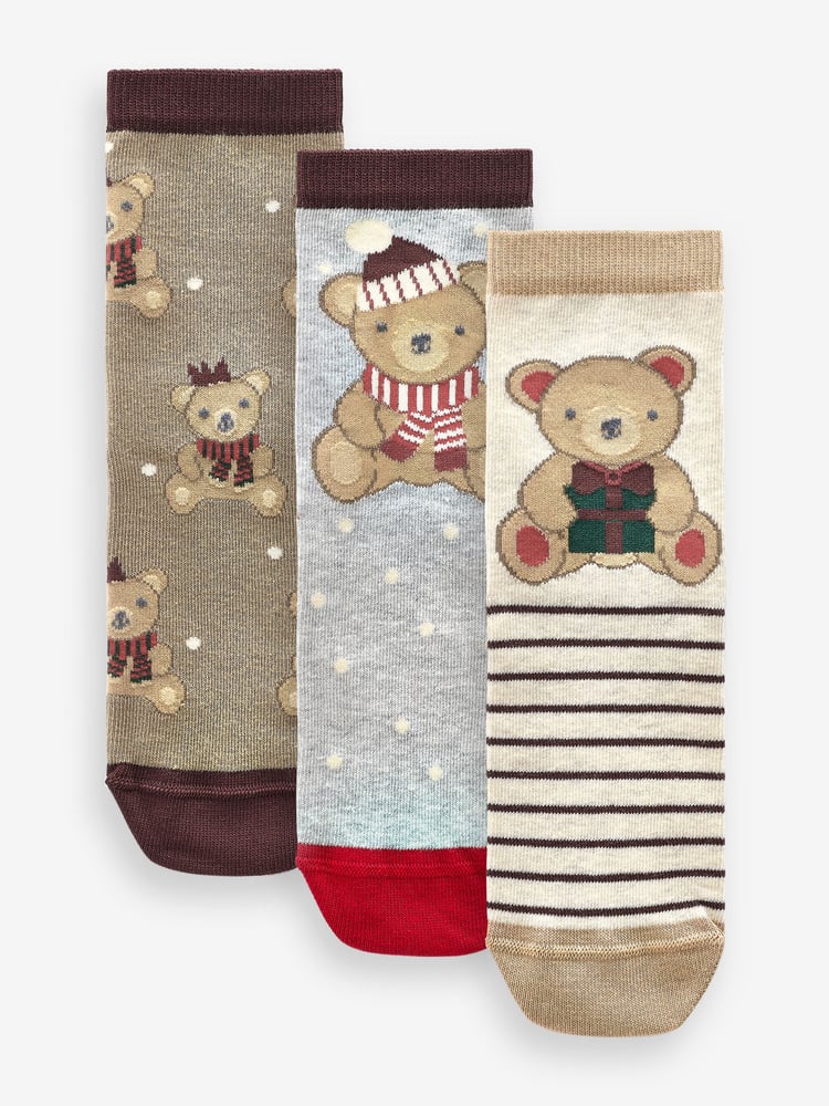 Neutral/Grey Cotton Rich Christmas Character Ankle Socks 3 Pack - Image 1 of 4