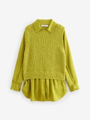 Lime Green Sleeveless Satin Shirt Layer Knitted Vest Jumper - Image 1 of 7