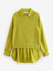 Lime Green Sleeveless Satin Shirt Layer Knitted Vest Jumper - Image 5 of 7