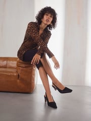 Black Premium Square Toe Leather Sling Back Heels - Image 2 of 10