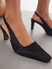 Black Premium Square Toe Leather Sling Back Heels - Image 4 of 10