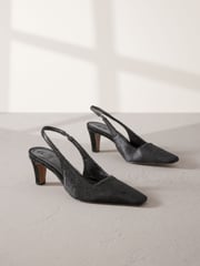 Black Premium Square Toe Leather Sling Back Heels - Image 5 of 10