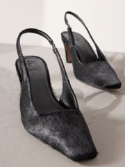 Black Premium Square Toe Leather Sling Back Heels - Image 8 of 10