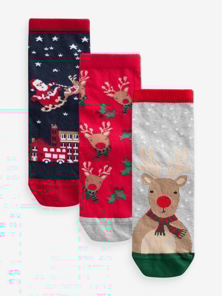 Red/Navy Cotton Rich Christmas Character Ankle Socks 3 Pack - Image 1 of 5
