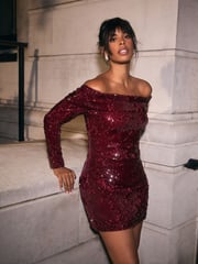 Burgundy Red Long Sleeve Sequin Bardot Mini Dress - Image 1 of 8