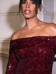 Burgundy Red Long Sleeve Sequin Bardot Mini Dress - Image 5 of 8