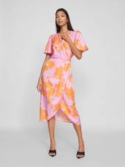 VILA Pink Flutter Sleeve Wrap Dress - Image 1 of 3