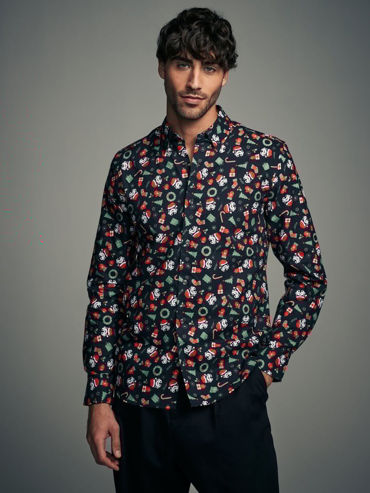 Black Storm Trooper Long Sleeve Christmas Print 100% Cotton Oxford Shirt - Image 1 of 6