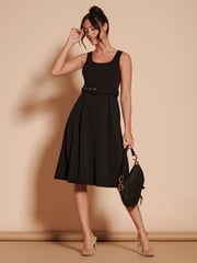 Jolie Moi Black 1950's Inspired Belted Swing Dress - Image 5 of 6