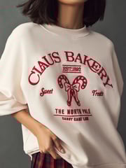 Red/Ecru Christmas Front Graphic Claus Bakery Crew Neck Sweatshirt - Image 5 of 7