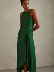 Reiss Green Micah Satin Drape Tuck Midi Dress - Image 3 of 5