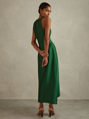 Reiss Green Micah Satin Drape Tuck Midi Dress - Image 4 of 5