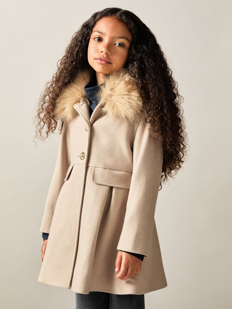 Reiss Oatmeal Nicole 13-14 yrs Faux Fur Collar Wool Blend Coat - Image 2 of 4