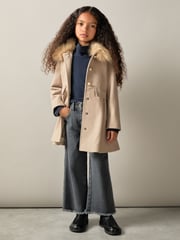 Reiss Oatmeal Nicole 13-14 yrs Faux Fur Collar Wool Blend Coat - Image 3 of 4