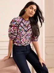 Love & Roses Black Floral Printed Lace Trim Puff Sleeve Top - Image 1 of 4