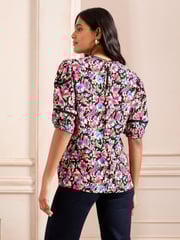 Love & Roses Black Floral Printed Lace Trim Puff Sleeve Top - Image 2 of 4