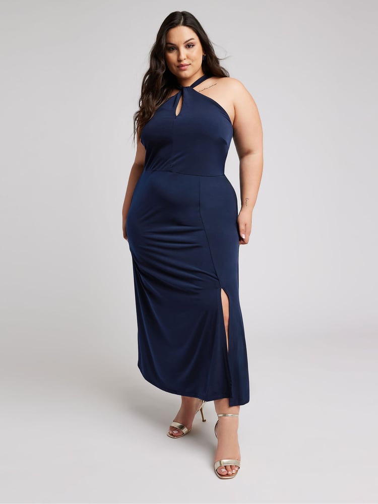 Yours Curve Blue London Twist Halterneck Maxi Dress - Image 1 of 5
