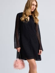 Black On Black Polka Dot Spot Bow Neck Detail Long Sleeve Mini Dress - Image 1 of 7