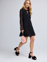 Black On Black Polka Dot Spot Bow Neck Detail Long Sleeve Mini Dress - Image 2 of 7