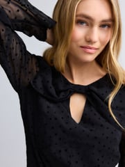 Black On Black Polka Dot Spot Bow Neck Detail Long Sleeve Mini Dress - Image 4 of 7