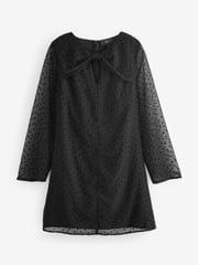 Black On Black Polka Dot Spot Bow Neck Detail Long Sleeve Mini Dress - Image 5 of 7