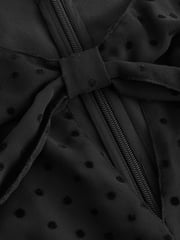 Black On Black Polka Dot Spot Bow Neck Detail Long Sleeve Mini Dress - Image 6 of 7