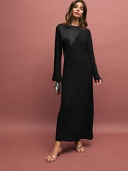 Black Long Sleeve Satin Mix Column Midi Dress - Image 1 of 6