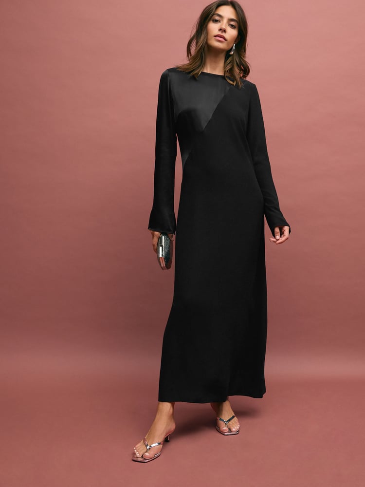 Black Long Sleeve Satin Mix Column Midi Dress - Image 1 of 6