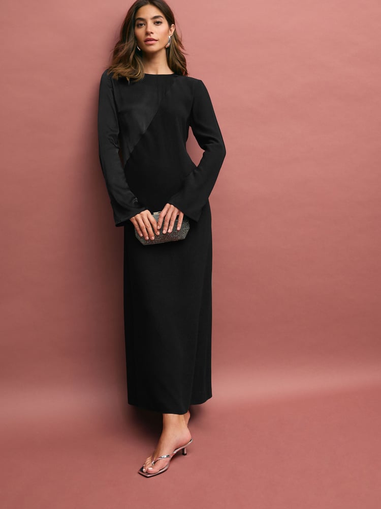 Black Long Sleeve Satin Mix Column Midi Dress - Image 2 of 6