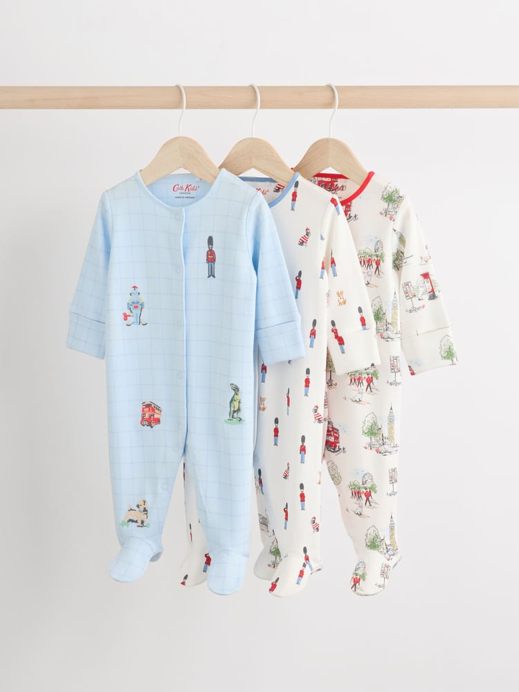 Blue Cath Kidston Cars Baby 100% Cotton Sleepsuits 3 Pack - Image 1 of 12