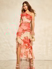 Lipsy Red One Shoulder Ruffle Metallic Polka Dot Maxi Dress - Image 1 of 4