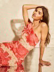Lipsy Red One Shoulder Ruffle Metallic Polka Dot Maxi Dress - Image 3 of 4