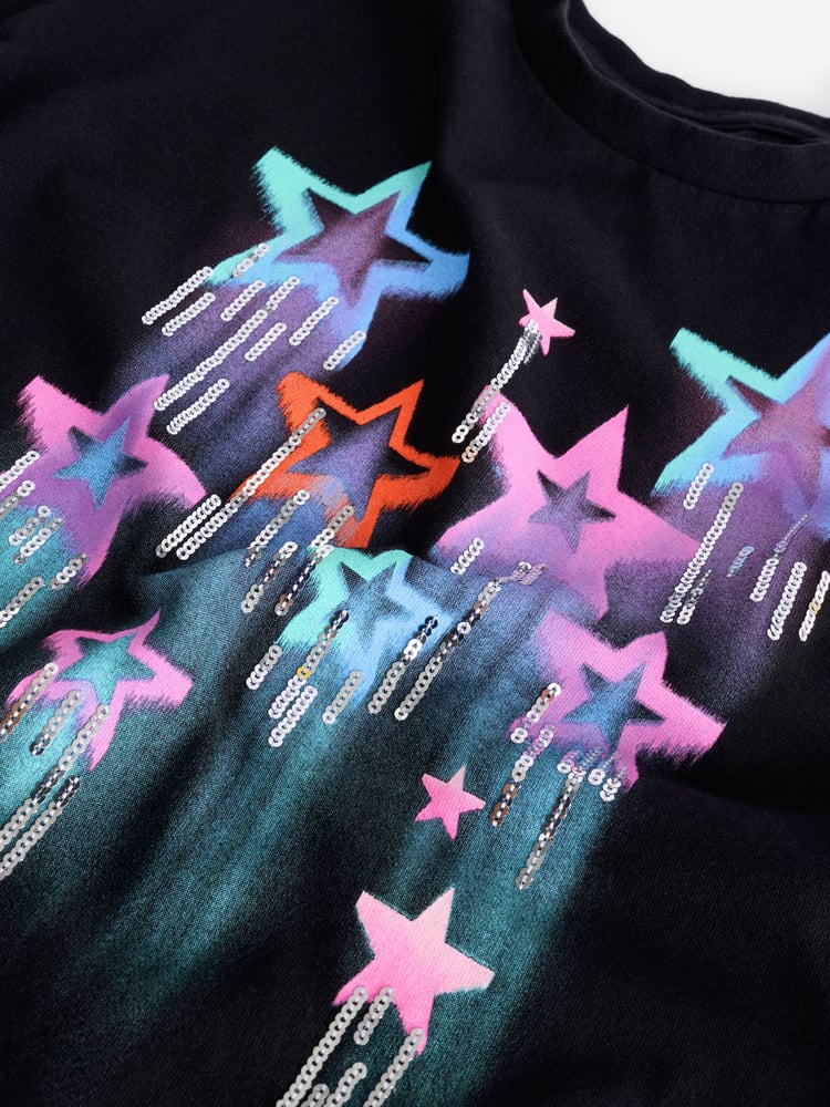 Black Sequin Star Graphic 100% Cotton T-Shirt (3-16yrs) - Image 6 of 6