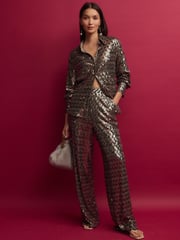 Gold Wide Leg Sequin Trousers - Image 1 of 4