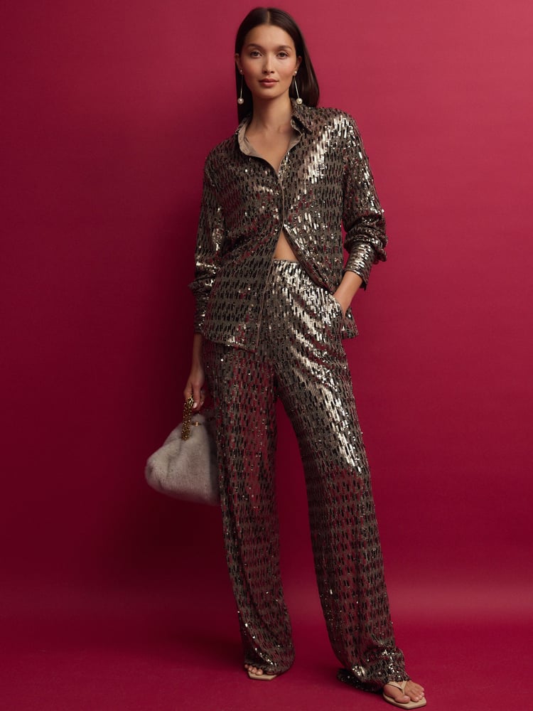 Gold Wide Leg Sequin Trousers - Image 1 of 4