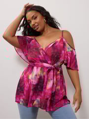 Yours Curve Pink YOURS LONDON Curve Navy Blue Floral Print Cold Shoulder Top - Image 1 of 5