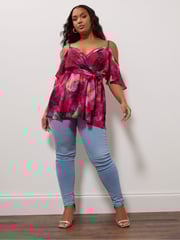 Yours Curve Pink YOURS LONDON Curve Navy Blue Floral Print Cold Shoulder Top - Image 2 of 5
